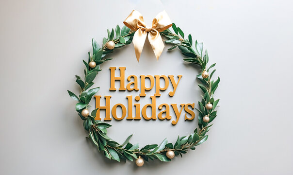Happy holidays lettering with wreathm, Leaf wreath and happy holidays