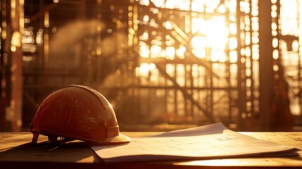 Aufkleber - Construction site shows a hard hat resting on blueprints with a warm sunset glow illuminating the background. The image captures the essence of real estate development and planning in progress.