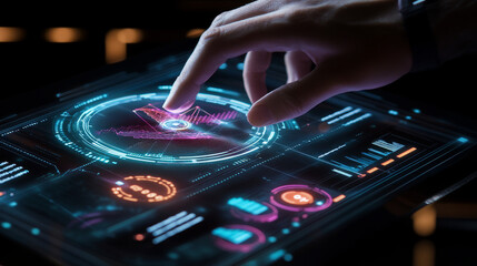 Poster - abstract technology ui futuristic concept brain hud interface hologram elements of digital data chart, communication, computing and circle percent innovation on hi tech future design background