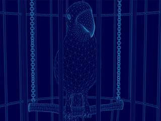 Poster - Bird is sitting on a swing in a cage. The cage is blue wireframe