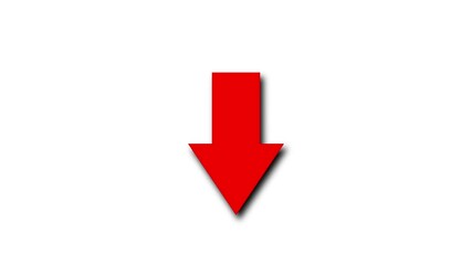 Fototapete - Down Arrow sign symbol with shadow animation on white background, red color arrow pointing downside 4K animated video