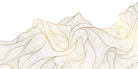 Wall Mural - vector line gold mountains, waves japanese style. vintage asian poster, nature graphic wallpaper, fl