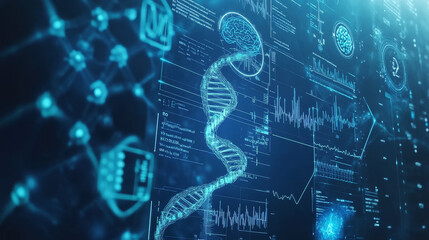 Poster - abstract technology ui futuristic concept hud health interface hologram elements of digital data chart,communication, Brain,DNA,circle percent vitality innovation on hi tech future design background