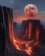alien landscape with lava flows and red moon.