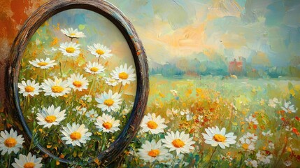 Poster - Daisy floral abstract background idea. Vibrant daisy flowers framed by a rustic circle in a serene landscape.