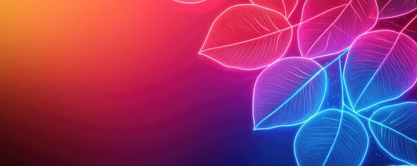 Poster - Rose leaves abstract background concept. Vibrant neon leaves with a colorful gradient background, showcasing modern digital art.