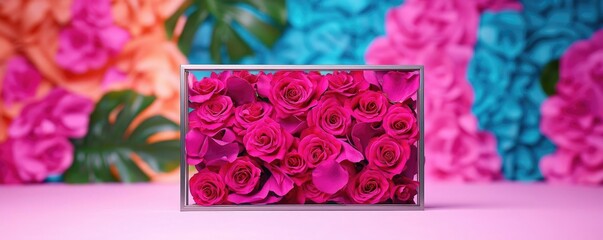 Aufkleber - Rose leaves abstract background concept. Vibrant pink roses arranged against a colorful floral backdrop for a striking contrast.