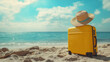 © Abu - Vacation vibes, Yellow suitcase and fashion hat on a sunny beach for travel
