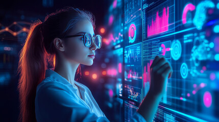 Poster - abstract technology ui futuristic concept hud interface hologram elements of digital data chart, communication, computing and circle percent vitality innovation on hi tech future design background