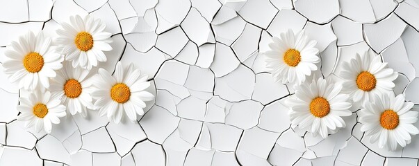 Poster - Daisy floral abstract background idea. Vibrant daisies placed on a cracked white surface creating a unique visual contrast.