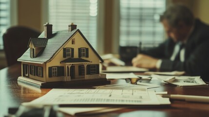 Poster - A miniature house model rests on a table filled with architectural plans as a suited individual focuses on paperwork, capturing the professional atmosphere of real estate.