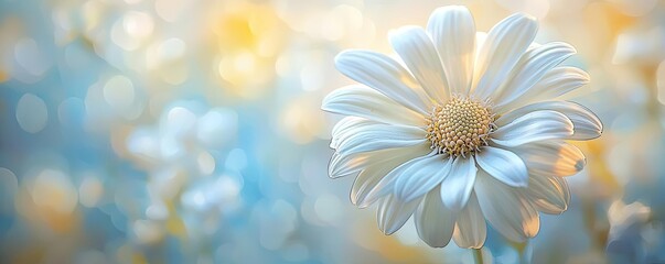 Poster - Daisy floral abstract background idea. A beautiful white daisy blooming in a serene environment with soft bokeh background.