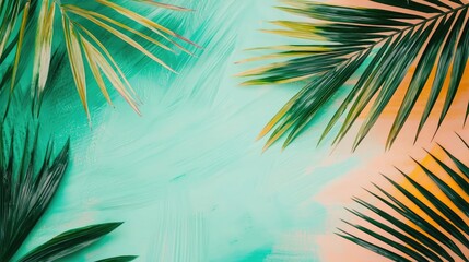 Poster - Palm leaves abstract background concept. Vibrant palm leaves set against a colorful background, perfect for tropical designs.