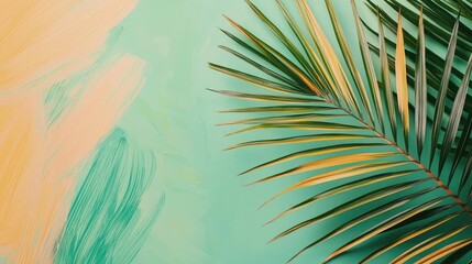 Poster - Palm leaves abstract background concept. A vibrant palm leaf against a colorful abstract background showcasing nature's beauty.