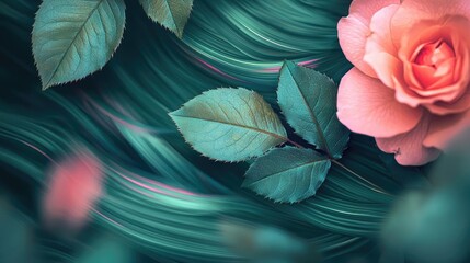 Poster - Rose leaves abstract background concept. Vibrant pink rose surrounded by leaves on a soft, flowing green background.