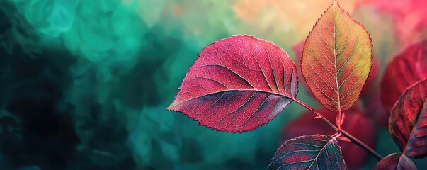 Poster - Rose leaves abstract background concept. Vibrant autumn leaves showcasing rich colors against a blurred background of greens.