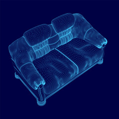 Poster - Blue couch with a blue background. The couch is a 3D of a sofa. The couch is made of a blue material and has a blue cushion