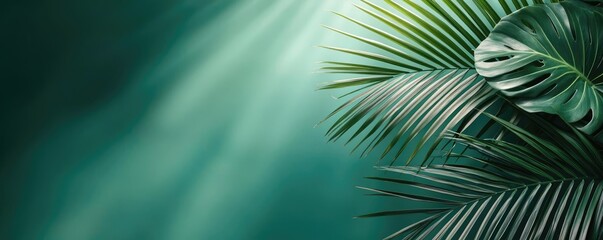 Poster - Palm leaves abstract background concept. Lush green tropical leaves with soft light creating a serene, calming atmosphere.
