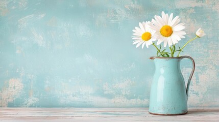 Poster - Daisy floral abstract background idea. A charming display of daisies in a blue pitcher against a textured background.