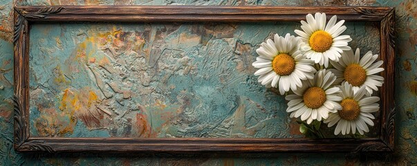 Aufkleber - Daisy floral abstract background idea. A vintage frame with colorful textured background and fresh daisies in a rustic setting.