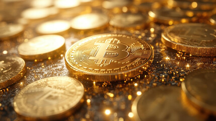 Poster - Golden Bitcoin Cryptocurrency Background with Depth of Field for Finance and Tech