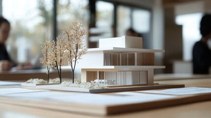 Aufkleber - A detailed architectural model sits on a table, representing a modern residential building. The design features large windows and is complemented by miniature trees.