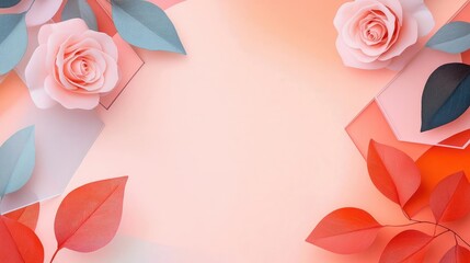Poster - Rose leaves abstract background concept. A vibrant arrangement of pink roses and colorful leaves on a soft pastel background.