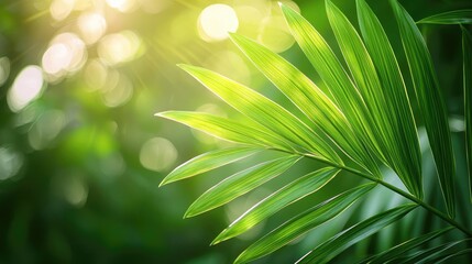 Poster - Palm leaves abstract background concept. Vibrant green palm leaves glistening under soft sunlight in a lush tropical background.