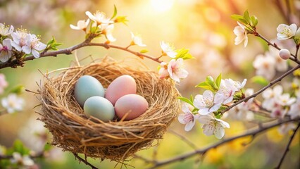 Bird's Nest with Easter Eggs in blooming tree branch vibrant nature, Easter holiday Concept