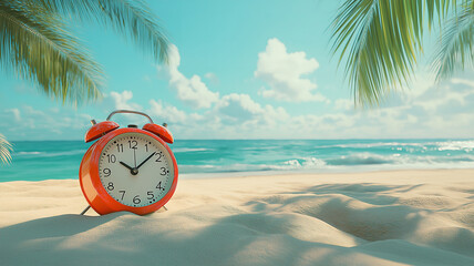 Last-minute travel concept with an alarm clock on sandy beach, highlighting the urgency