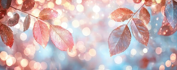 Poster - Rose leaves abstract background concept. Colorful leaves illuminated by soft light in a dreamy background with bokeh effect.