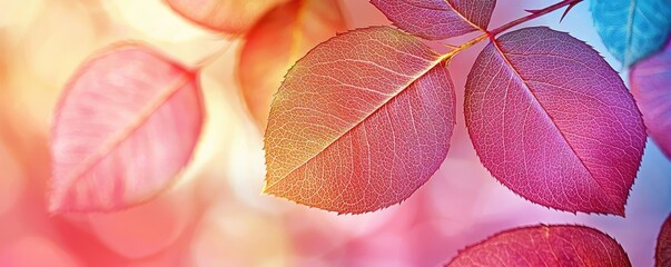 Poster - Rose leaves abstract background concept. Vibrant close-up of colorful leaves showcasing nature's beauty and diversity.