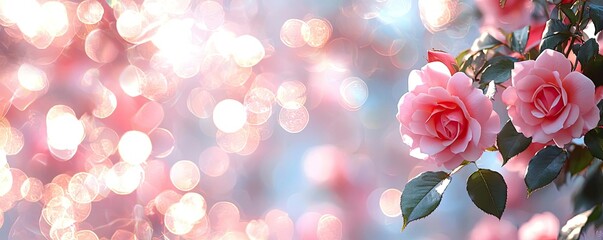 Poster - Rose leaves abstract background concept. Delicate pink roses bloom beautifully against a shimmering bokeh background.