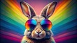 © Mystery - Easter rabbit wearing rainbow sunglasses on a vibrant rainbow background, Easter holiday concept