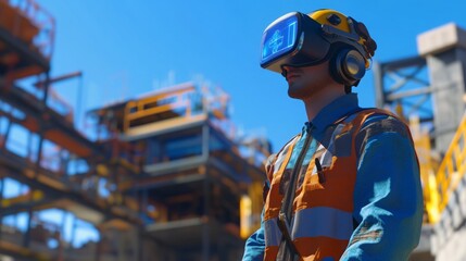 Poster - Construction worker utilizes virtual reality technology on site to enhance project visualization and planning.