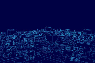 Poster - Cityscape is shown in blue with a dark sky. The buildings are tall and the streets are filled with people. Scene is one of urban life and activity