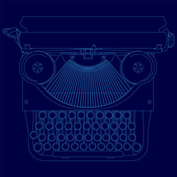 Stylized drawing of a typewriter with a blue background. The typewriter is shown in a black and white style, with the keys and the body of the typewriter outlined in blue
