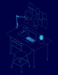 Poster - blue drawing of a desk with a laptop, a keyboard, a mouse, a plant, and a stool