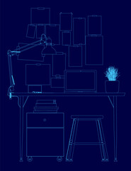 Poster - Blue drawing of a desk with a laptop, a computer monitor, a keyboard, a mouse, a bottle, a cup, a plant, and a stool