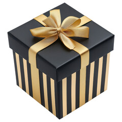 Wall Mural - A stylish black gift box adorned with a gold ribbon and bow, featuring elegant vertical stripes.