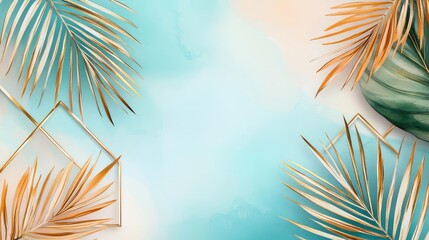 Poster - Palm leaves abstract background concept. Colorful illustration of tropical leaves with a soft blue background and golden accents.