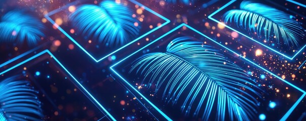 Aufkleber - Palm leaves abstract background concept. Vibrant blue palm leaves with glowing outlines, creating a captivating digital aesthetic.