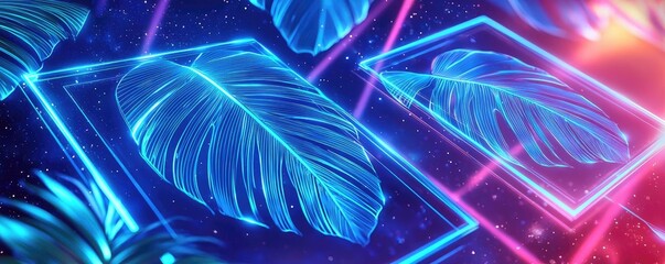 Aufkleber - Palm leaves abstract background concept. Vibrant neon leaves set against a colorful cosmic background, creating a surreal atmosphere.