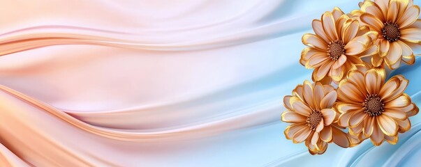 Poster - Daisy floral abstract background idea. A beautiful illustration of soft fabric waves and delicate flowers in pastel colors.
