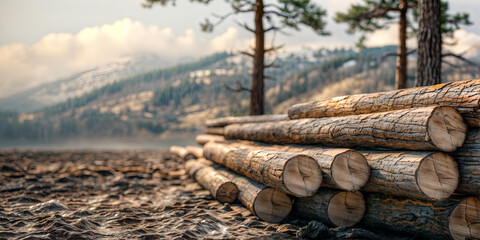 Wall Mural - Deforestation, bunch of felled tree logs, cut stack lumber. Forest destruction, clearance, felling trees. Cutting down wood, timber logging. Work clearcutting for stock of building materials