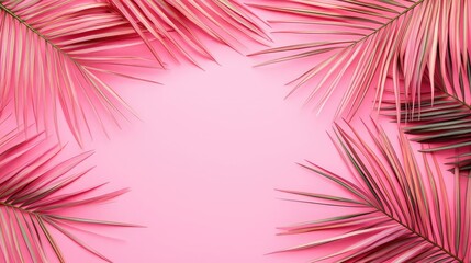 Aufkleber - Palm leaves abstract background concept. Vibrant pink background framed by tropical palm leaves, perfect for summer themes.