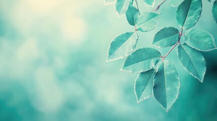 Poster - Rose leaves abstract background concept. Close-up of fresh green leaves against a tranquil, blurred background of soft colors.