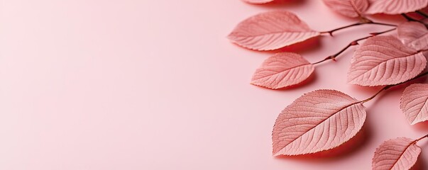 Poster - Rose leaves abstract background concept. Elegant pink leaves arranged artistically on a soft pink background, symbolizing nature.