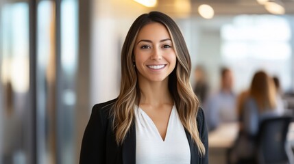 Aufkleber - A confident woman stands in a modern real estate office, representing the use of technology in property transactions.
