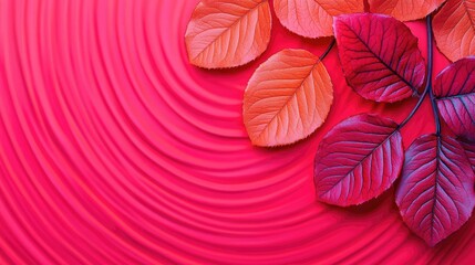 Poster - Rose leaves abstract background concept. Vibrant red leaves on a textured pink background, creating a striking and colorful display.